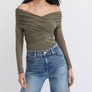 LOFT Petite Mesh Ruched Off The Shoulder Top
